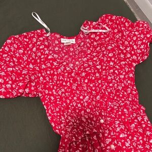 Red Floral Puff Sleeve Dress